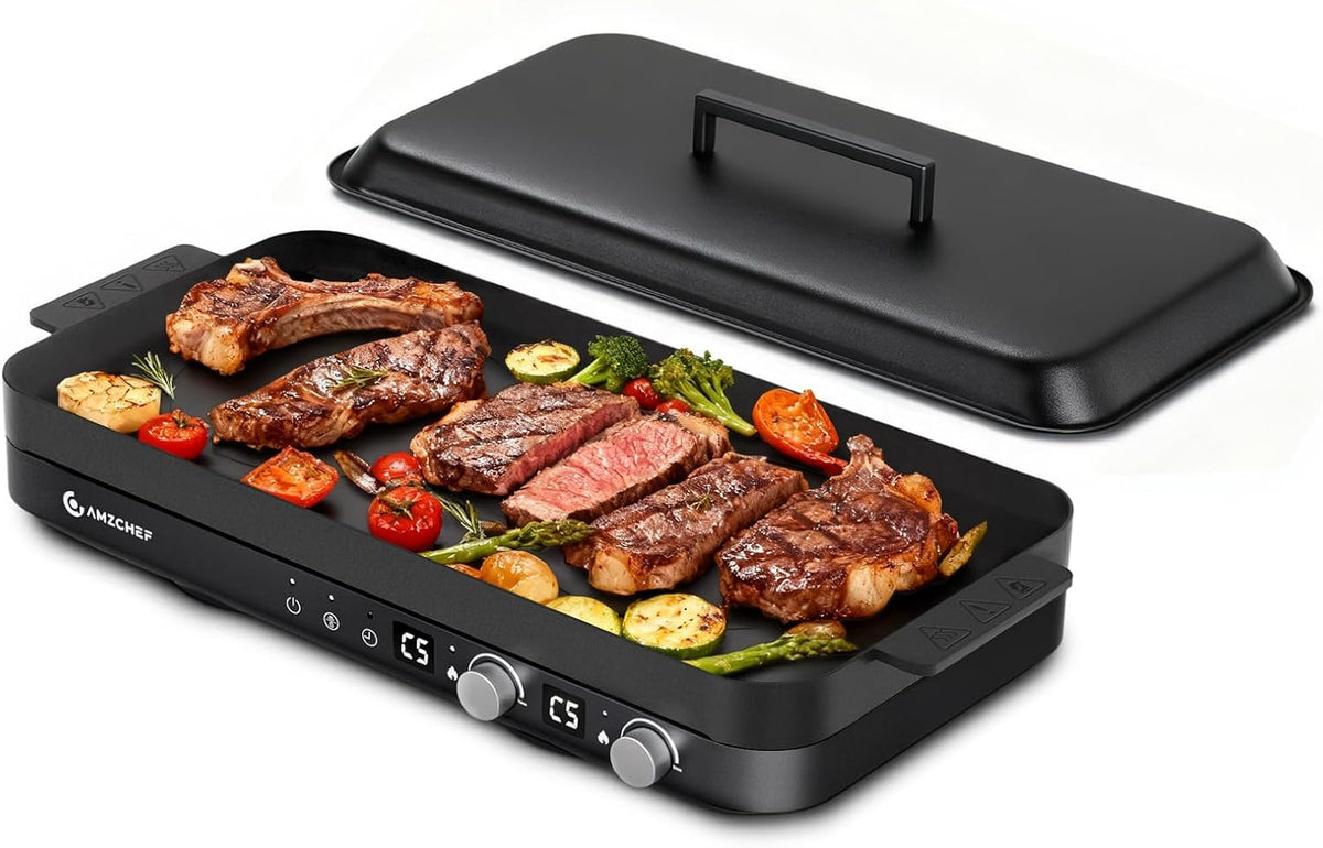 AMZCHEF Portable Indoor Grill: 1800W Electric Grill Griddle with Removable Grill Pan, 5 Temperature Levels & 99 Min Timer Electric Griddle