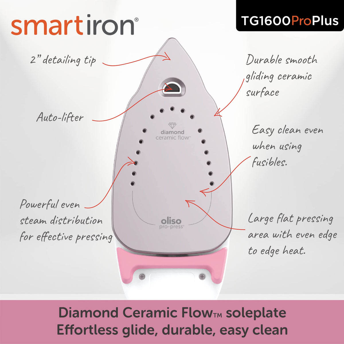 oliso TG1600 ProPlus Smart Iron with Auto-Lift C 1800 Watt Steam Iron for Clothes, Sewing, Quilting & Crafting C Diamond Ceramic-Flow Soleplate