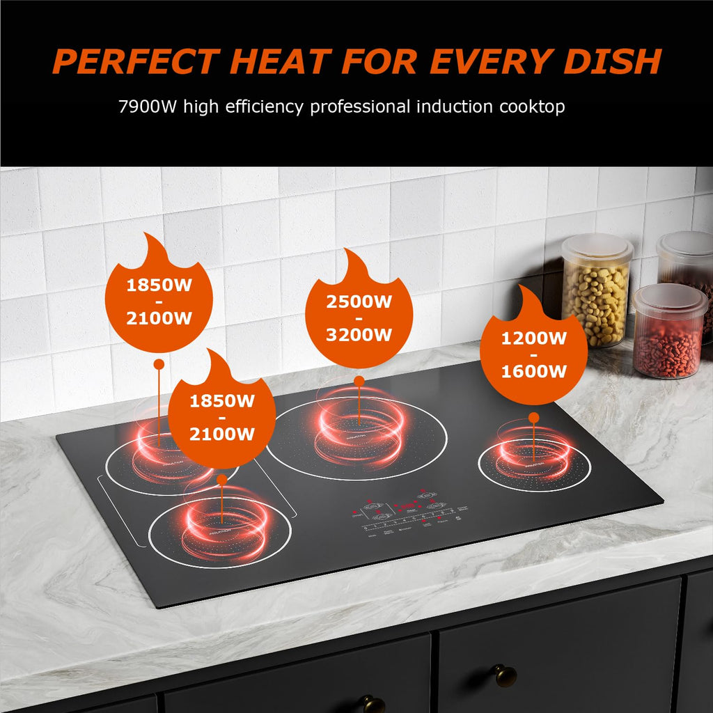 30 Inch Induction Cooktop 4 Burners, Flat Glass Top Electric Stove Hob with Bridge-SYNC, 3 Preset Modes Booster, Timer, Pause, Child Lock, Drop in