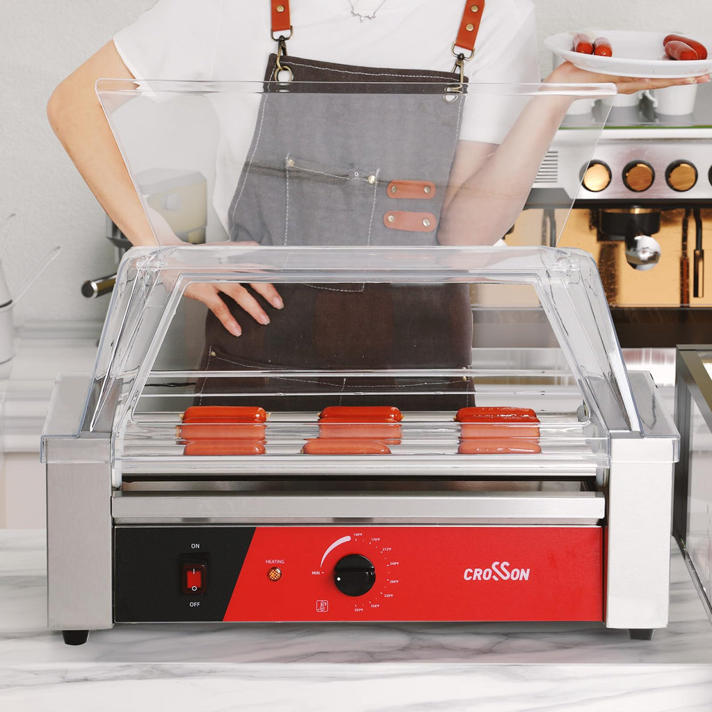 CROSSON 12 Hot Dog 5 Roller Grill Machine with Transparent Sneeze Guard,5 Nonstick 304SS Rollers Commercial Hot Dog Cooker Machine-120V, 750W