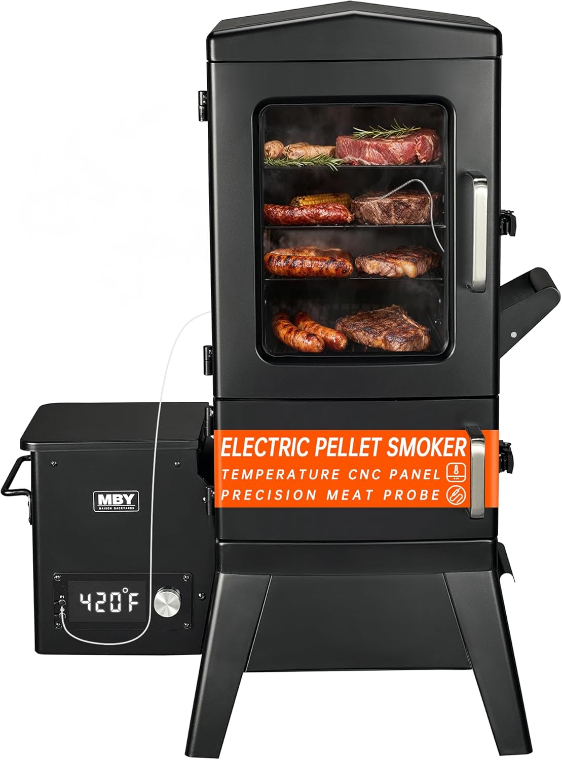 Vertical Pellet Smoker with Cover & Meat Probe, 4-Rack Electric BBQ Smoker Grill, 616 sq in Cooking Space, Digital LED Temperature Control for