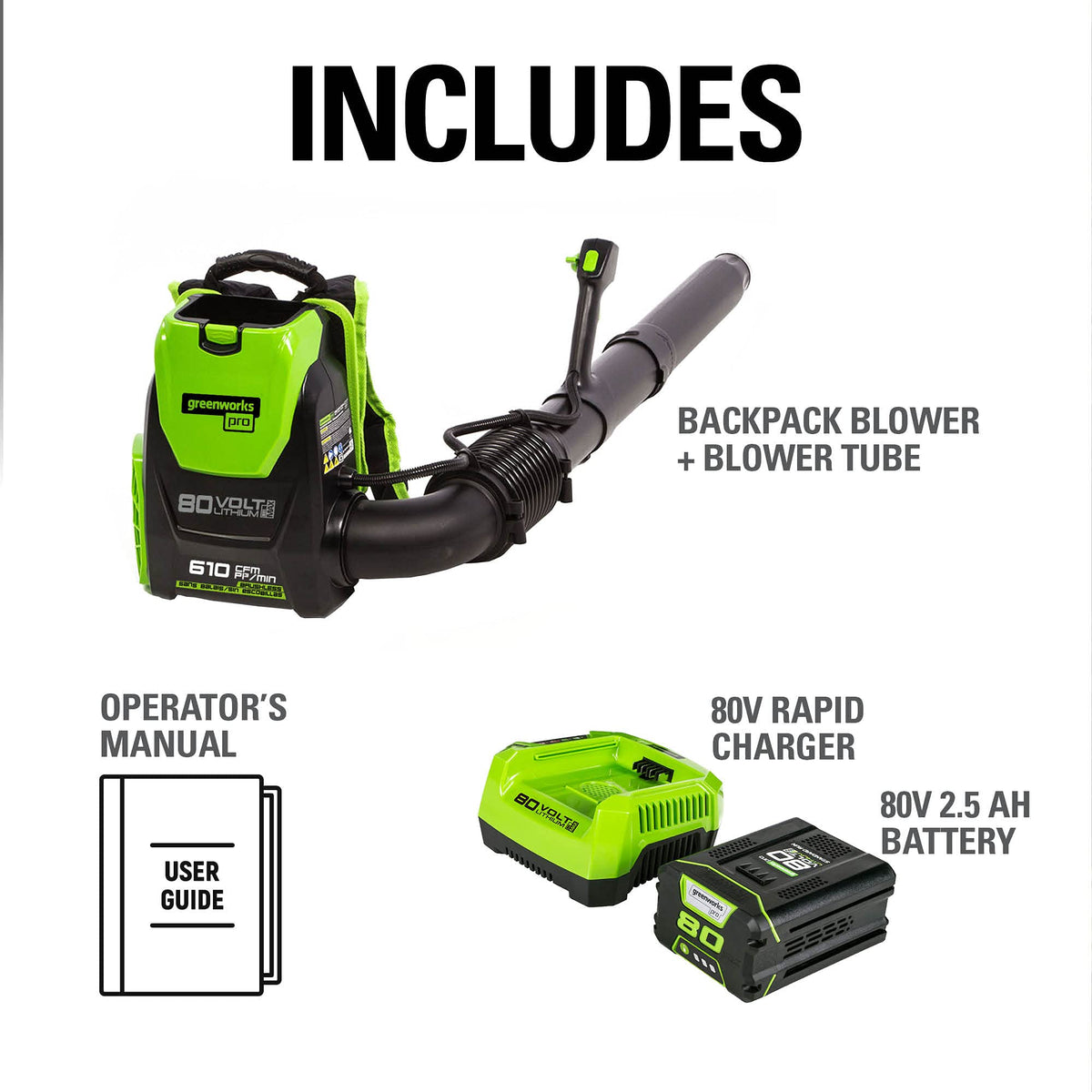 Greenworks 80V (750 CFM) Backpack Blower, 4.0Ah Battery and 4A Charger