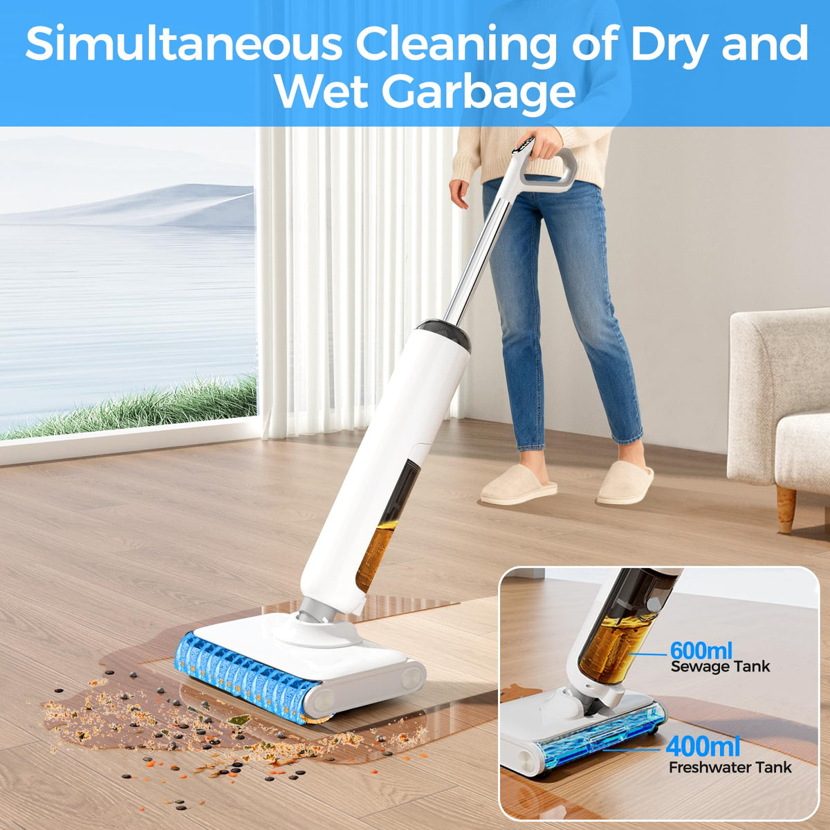 Wet Dry Vacuum Cleaner, 180 Lay-Flat Cordless Vacuum Mop Combo with Edge Cleaning, All-in-One Floor Cleaner for Hard Floors, Self-Cleaning, 45mins