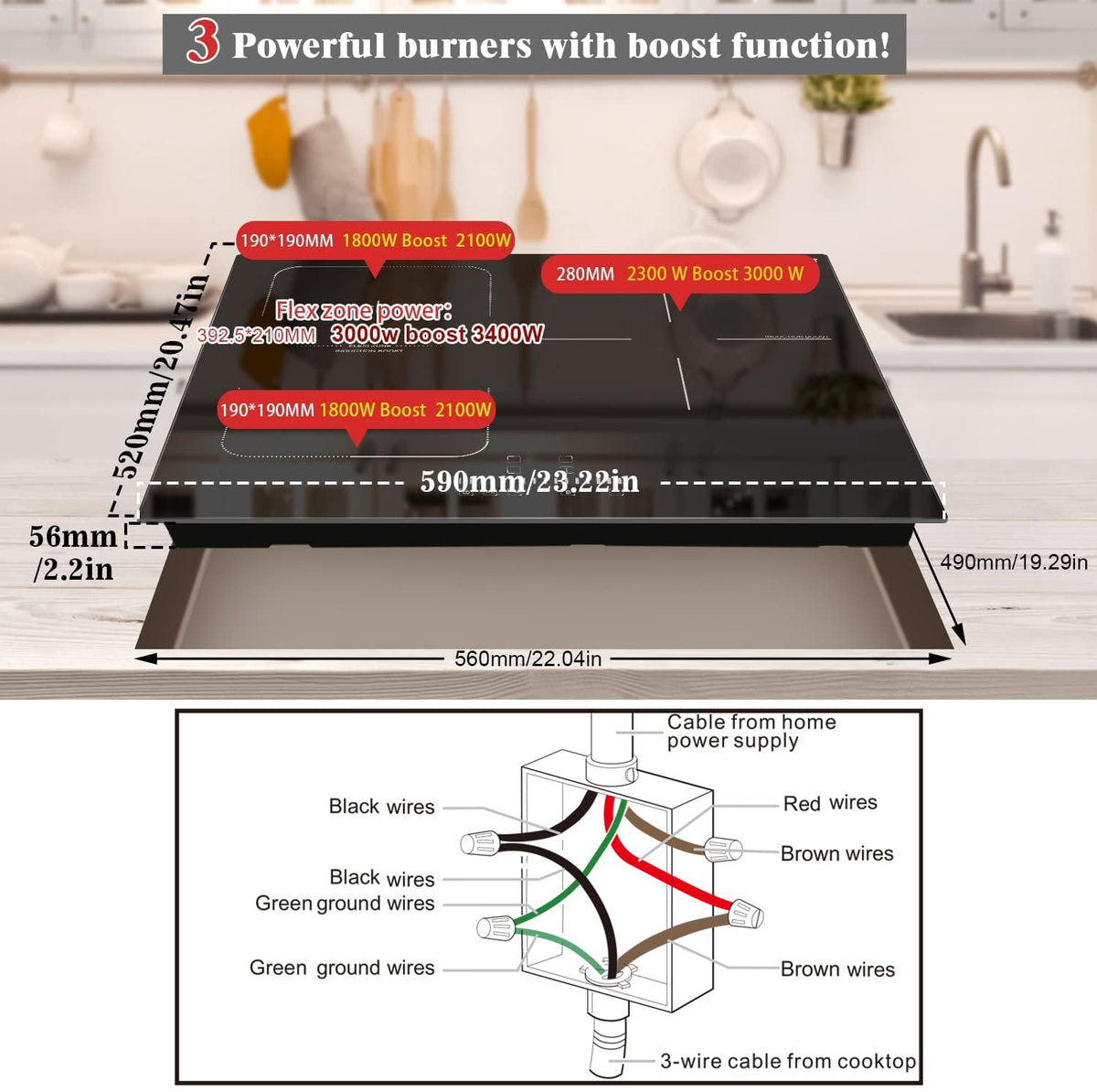 Karinear 24 Inch Induction Cooktop 3 Burners, 6800W Built-in Induction Stovetop with Flex Zone,Child Safety Lock, Timer, Boost, Slider Control Black