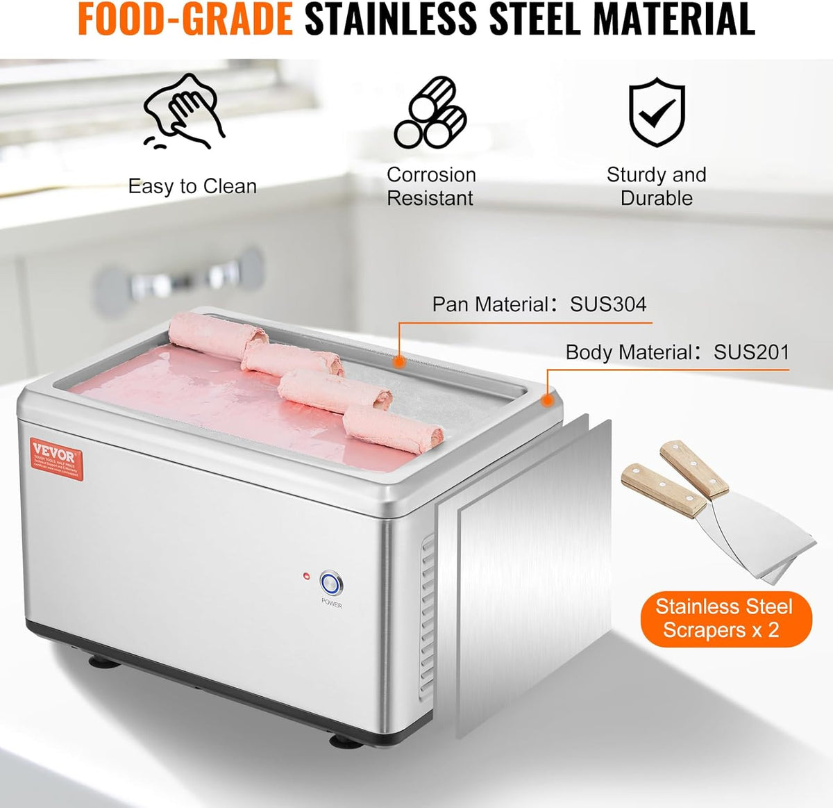 VEVOR Fried Ice Cream Machine, 12.6" x 8.5" 120W Stir-Fried Ice Cream Roll Maker with Compressor and 2 Scrapers, for Making Dessert Rolls, Frozen