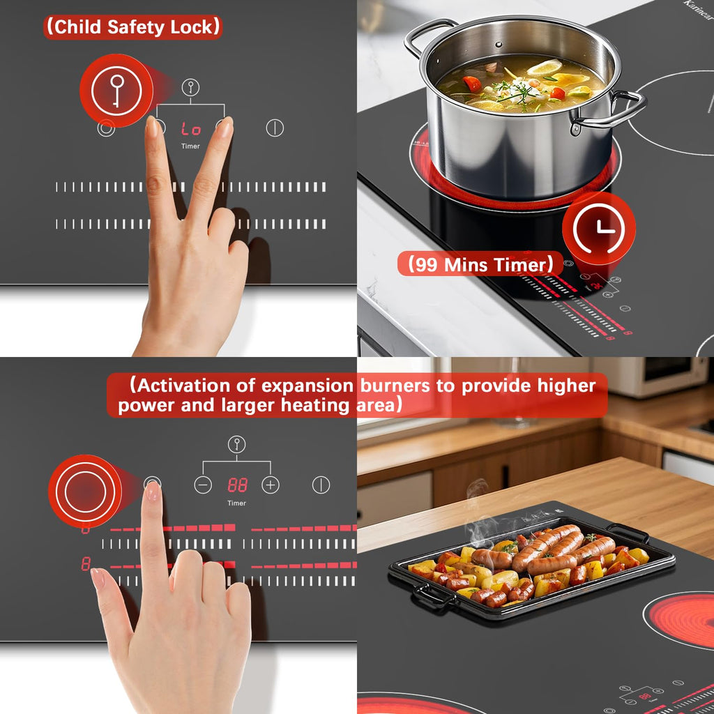 Karinear Electric Cooktop 30 Inch, 5 Burners Electric Stove 30 Inch Electri Ceramic Cooktop, 9 Power Level, Pause, Timer, Child Safety Lock, Triple
