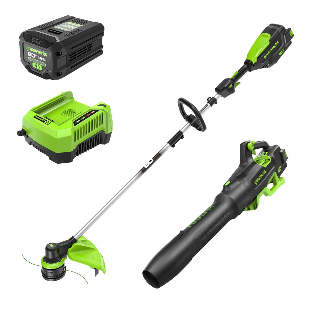 Greenworks 80V Brushless Cordless Yard Tool Combo Kit with 2.0Ah Battery & Rapid Charger C 16" Dual-Line String Trimmer and 500 CFM / 125 MPH Leaf