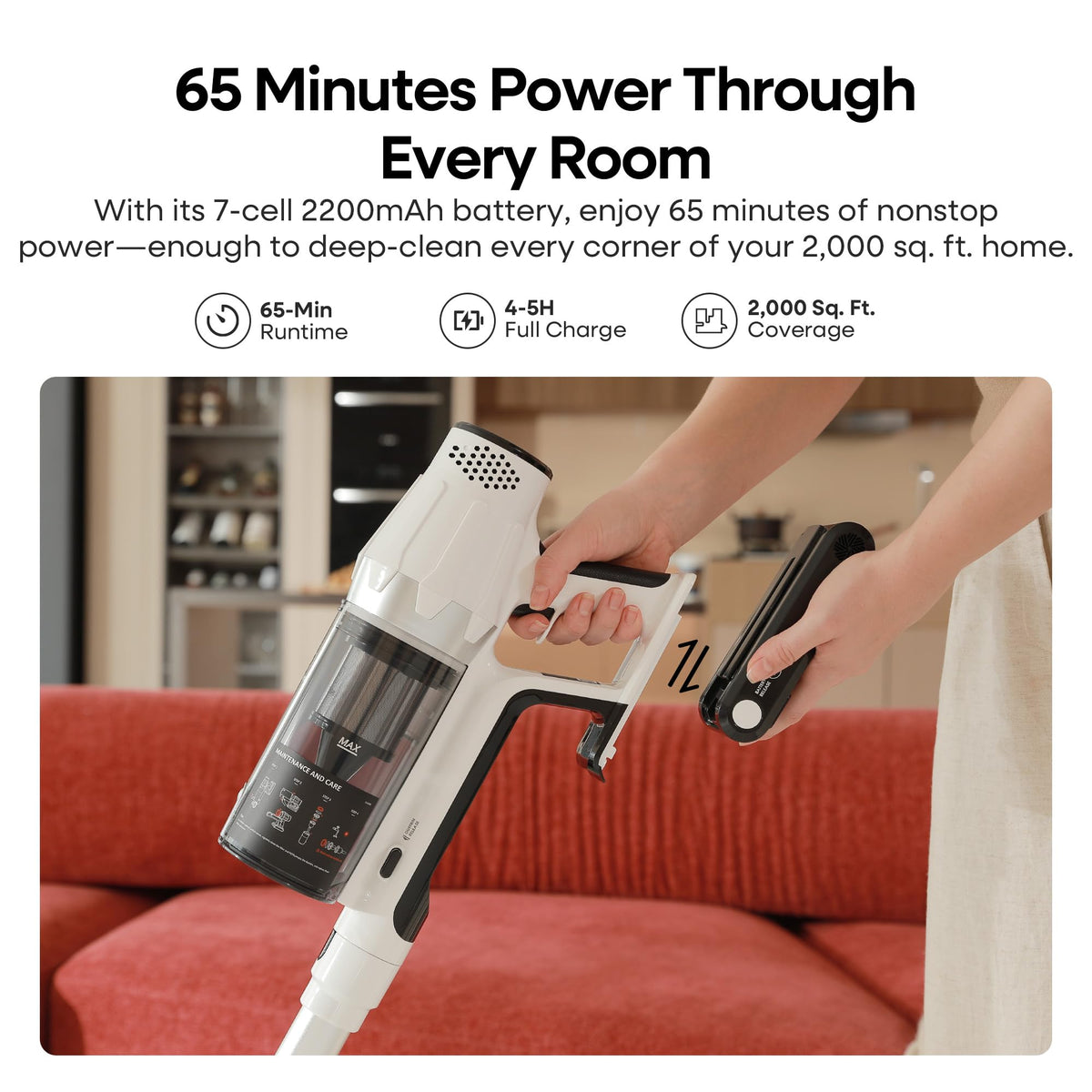 ElecKeys Cordless Vacuum Cleaner, 580W 48KPA 65Mins Vacuum Cleaners for Home, Self-Standing Anti-Tangle Vacuum with LED Display, Rechargeable