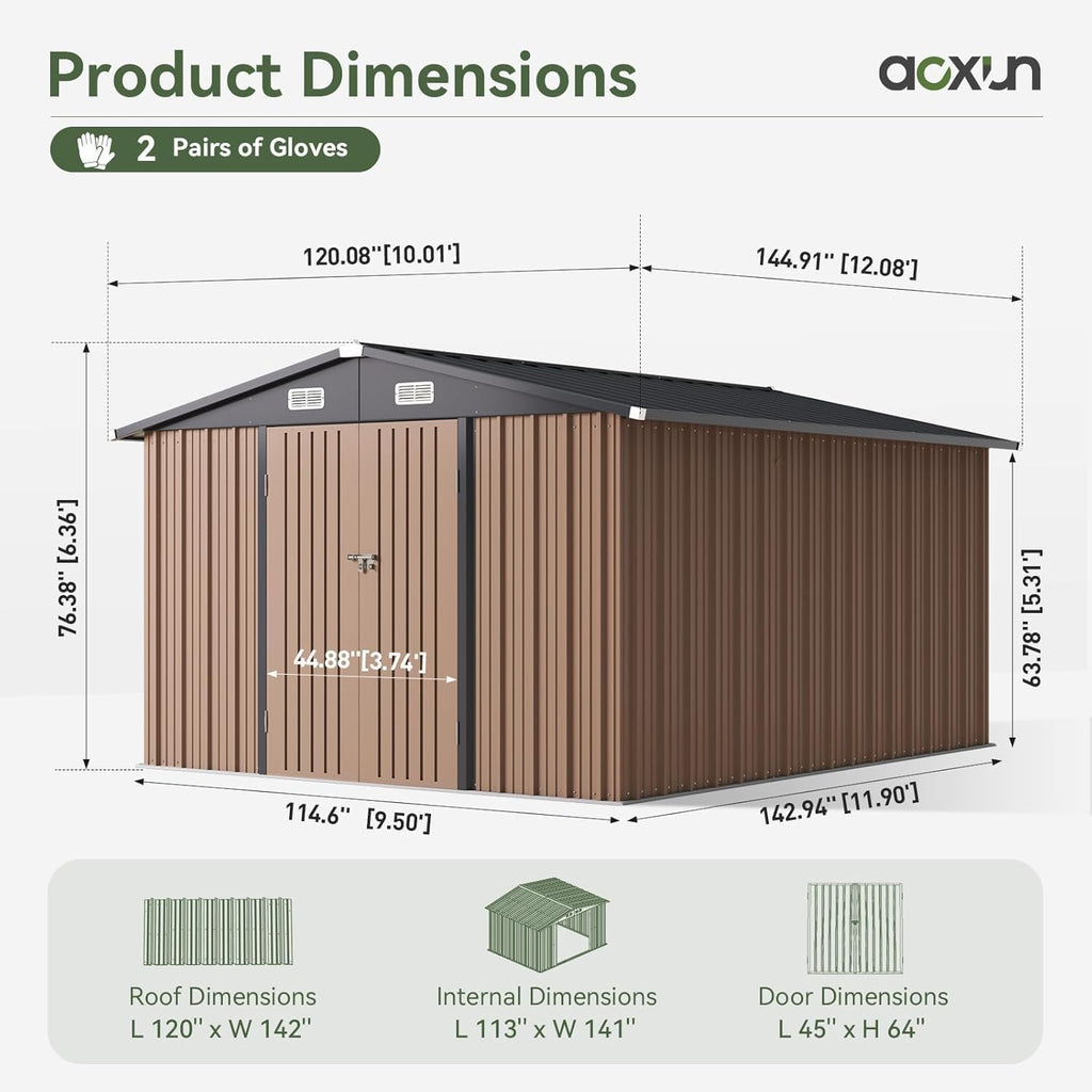 Aoxun 10 x 12FT Outdoor Storage Shed with Double Hinged Large Door Utility Garden Shed with Lockable Door & Sloped Roof Metal Sheds Outdoor Storage