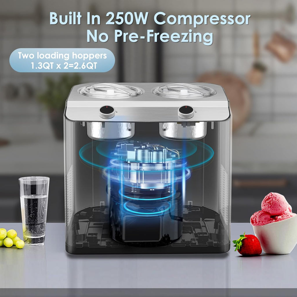Homtone 2 Flavor Ice Cream Maker, 2.6QT (2 x 1.3qt) Compressor Largest Capacity & Fast Freezing Ice Cream Machine with 2 Bowls, Easy Operate & Clean