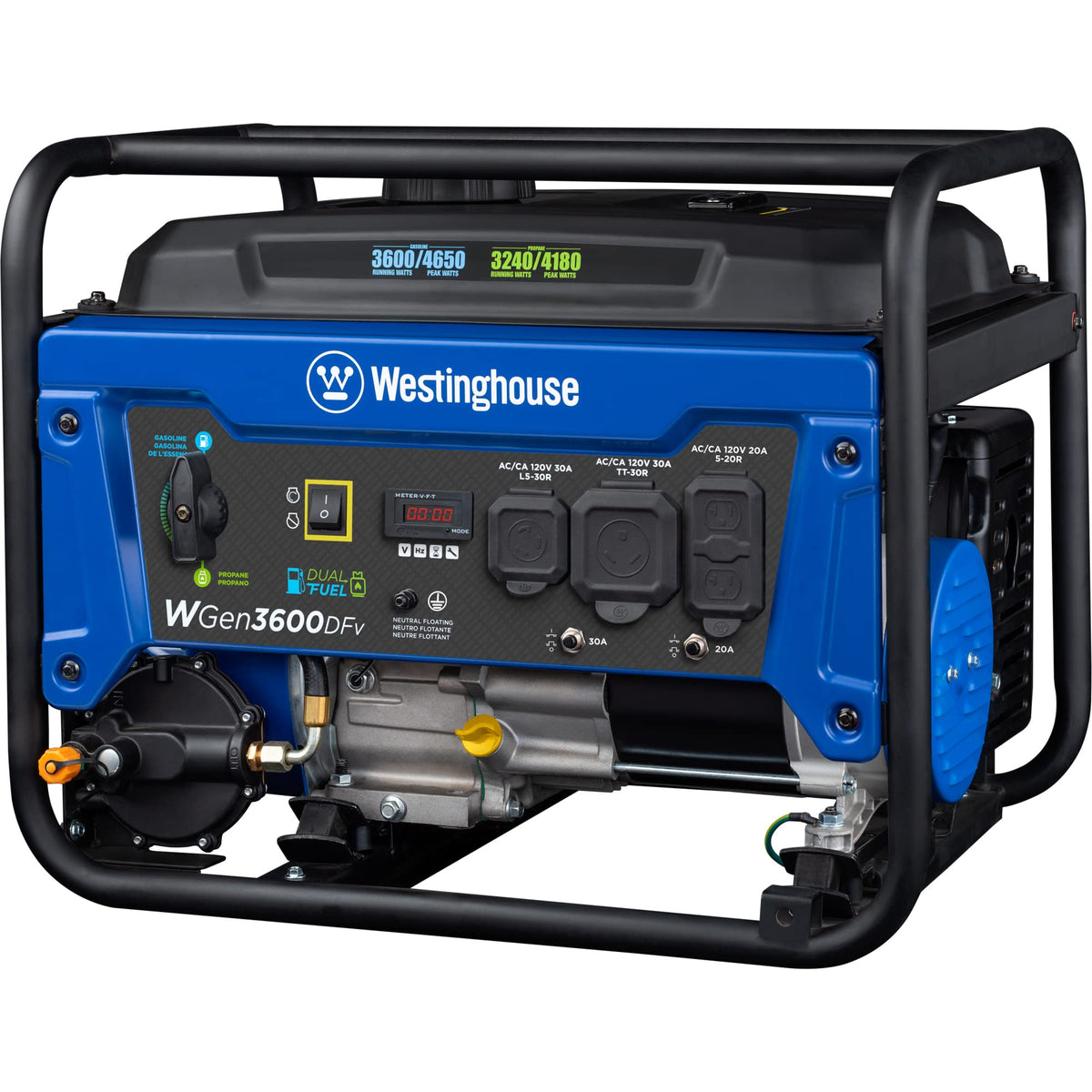 Westinghouse 4650 Peak Watt Dual Fuel Portable Generator, Remote Electric Start with Auto Choke, RV Ready 30A Outlet, Gas & Propane Powered