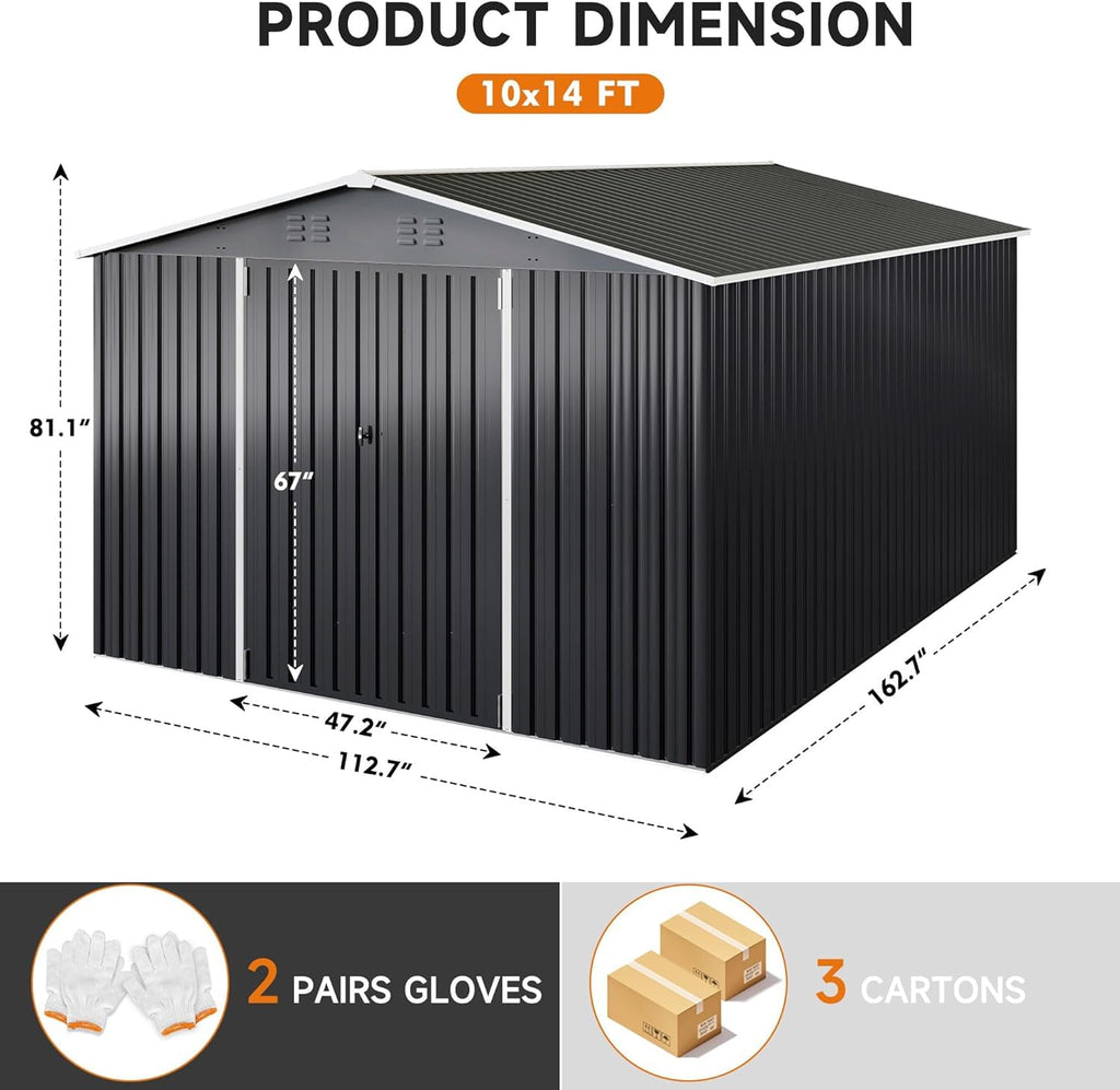 Polar Aurora 12x14 FT Outdoor Storage Shed, Garden Shed with Updated Frame Structure and Lockable Doors, Metal Tool Sheds for Backyard Garden Patio