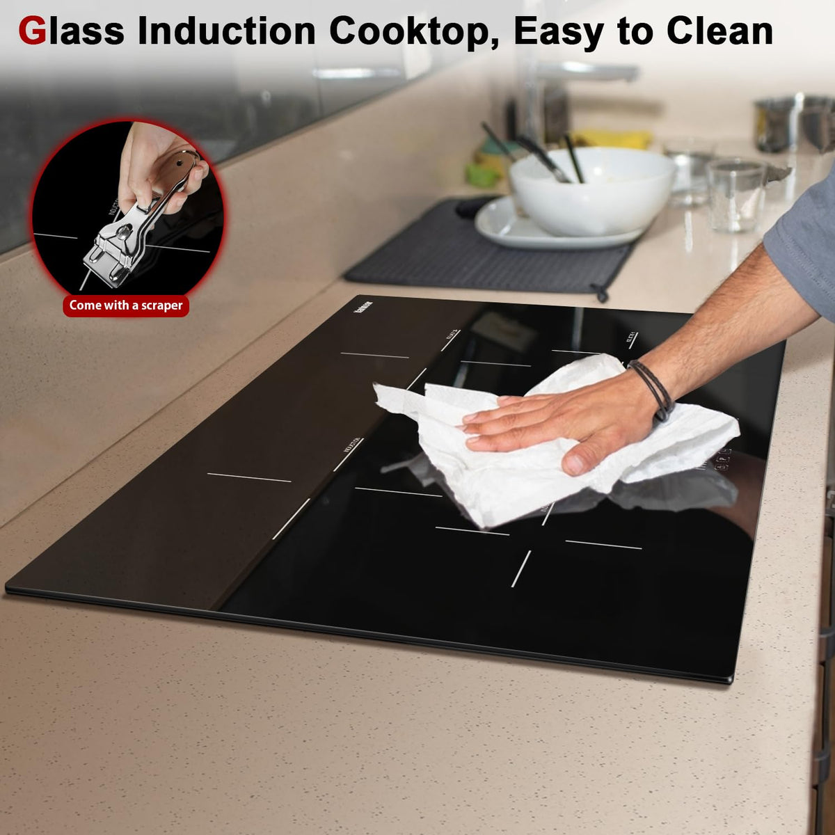 Karinear 24 Inch Induction Cooktop 3 Burners, 6800W Built-in Induction Stovetop with Flex Zone,Child Safety Lock, Timer, Boost, Slider Control Black