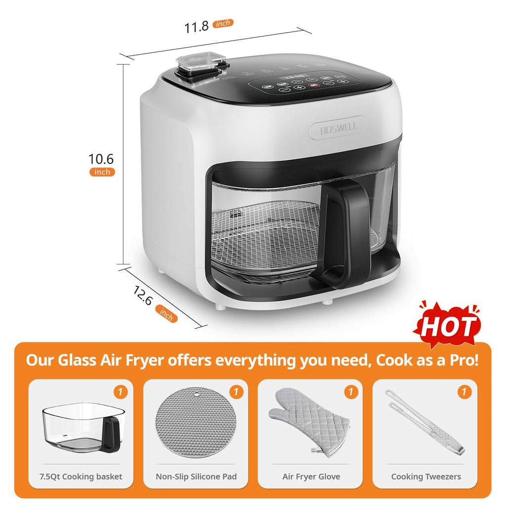 BOSWELL Glass Air Fryer, 7.5QT Borosilicate Bowl with Circulating Heat, Digital Touchscreen, 400F Max Temp, Oil-Free Fryer with Mist Function