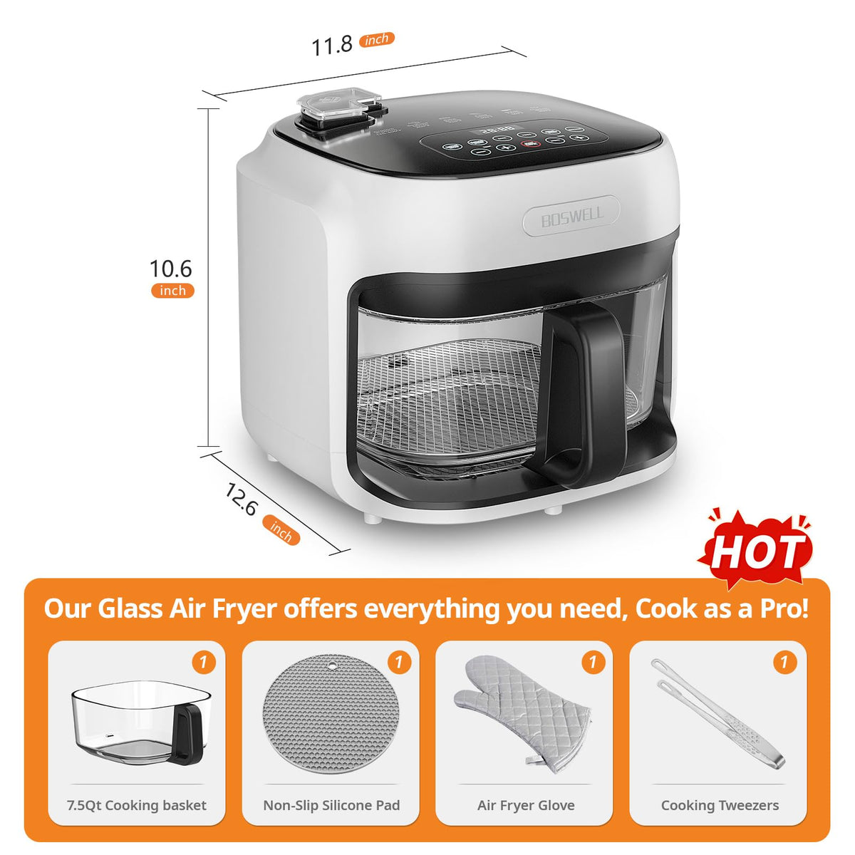 BOSWELL Glass Air Fryer, 7.5QT Borosilicate Bowl with Circulating Heat, Digital Touchscreen, 400F Max Temp, Oil-Free Fryer with Mist Function
