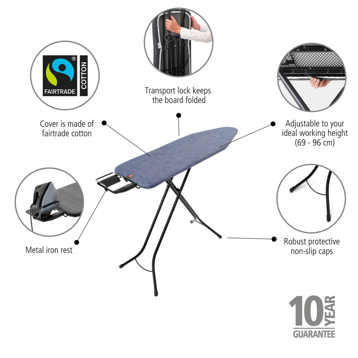 Brabantia Size C Ironing Board (49 x 18in) 7 Height Options, Adjustable Steam Iron Rest Holder & Linen Rack (Ecru) Non-Slip Feet, Anti-Collapse Child