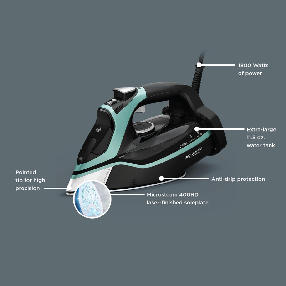 Rowenta Iron for Clothes, High Pressure Steamer Iron with Boiler System, 400 Steam Holes, Vertical Steaming, 37oz Tank, Stainless Steel Soleplate