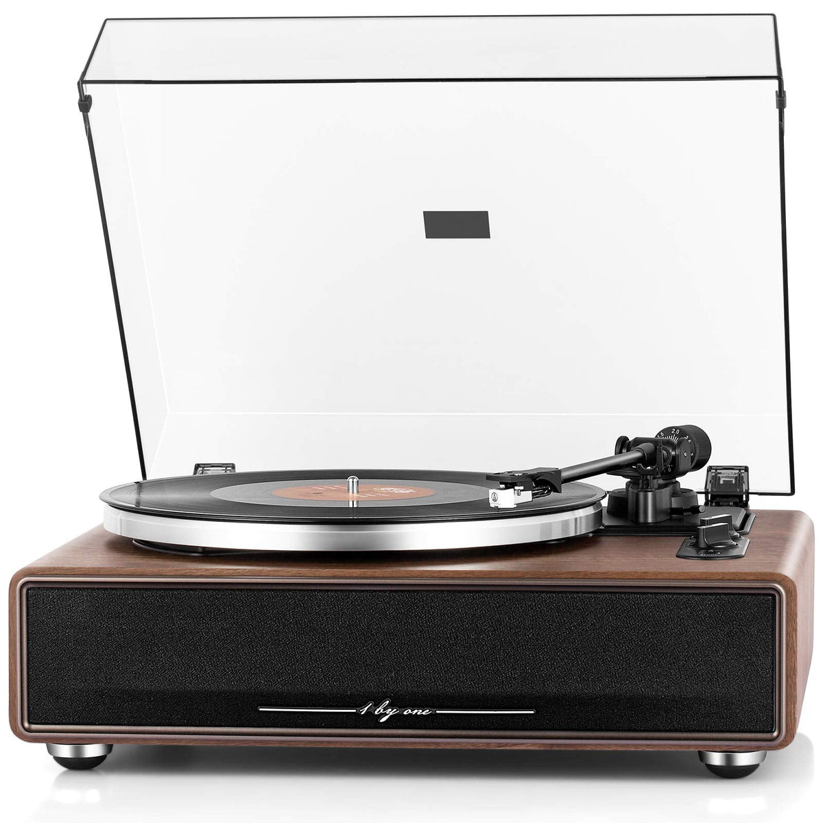 1 by ONE High Fidelity Belt Drive Turntable with Built-in Speakers, Vinyl Record Player with Magnetic Cartridge, Bluetooth Playback and Aux-in