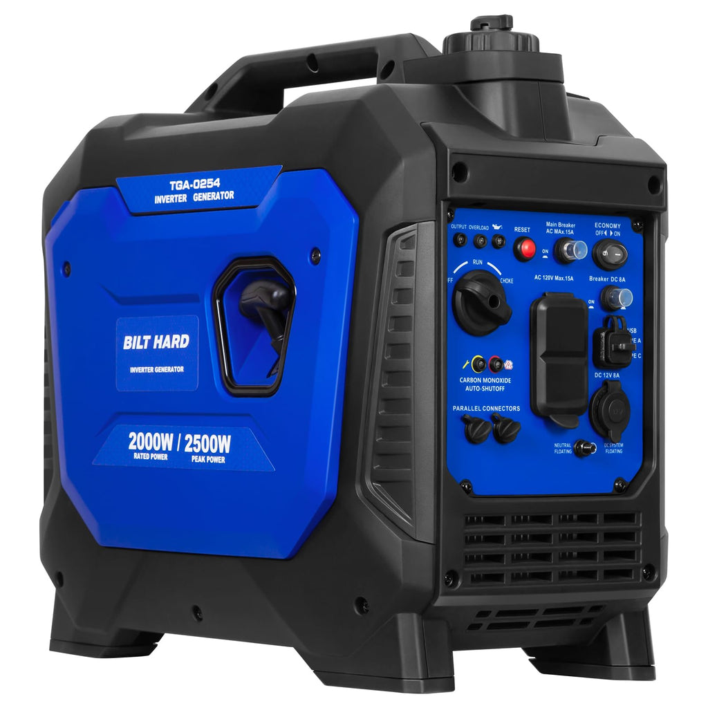 BILT HARD Gas Generator 2500W, 80cc 4 Stroke Quiet Inverter Generator with CO Sensor, Parallel Ready,120V AC Duplex Receptacle and 12V DC Output