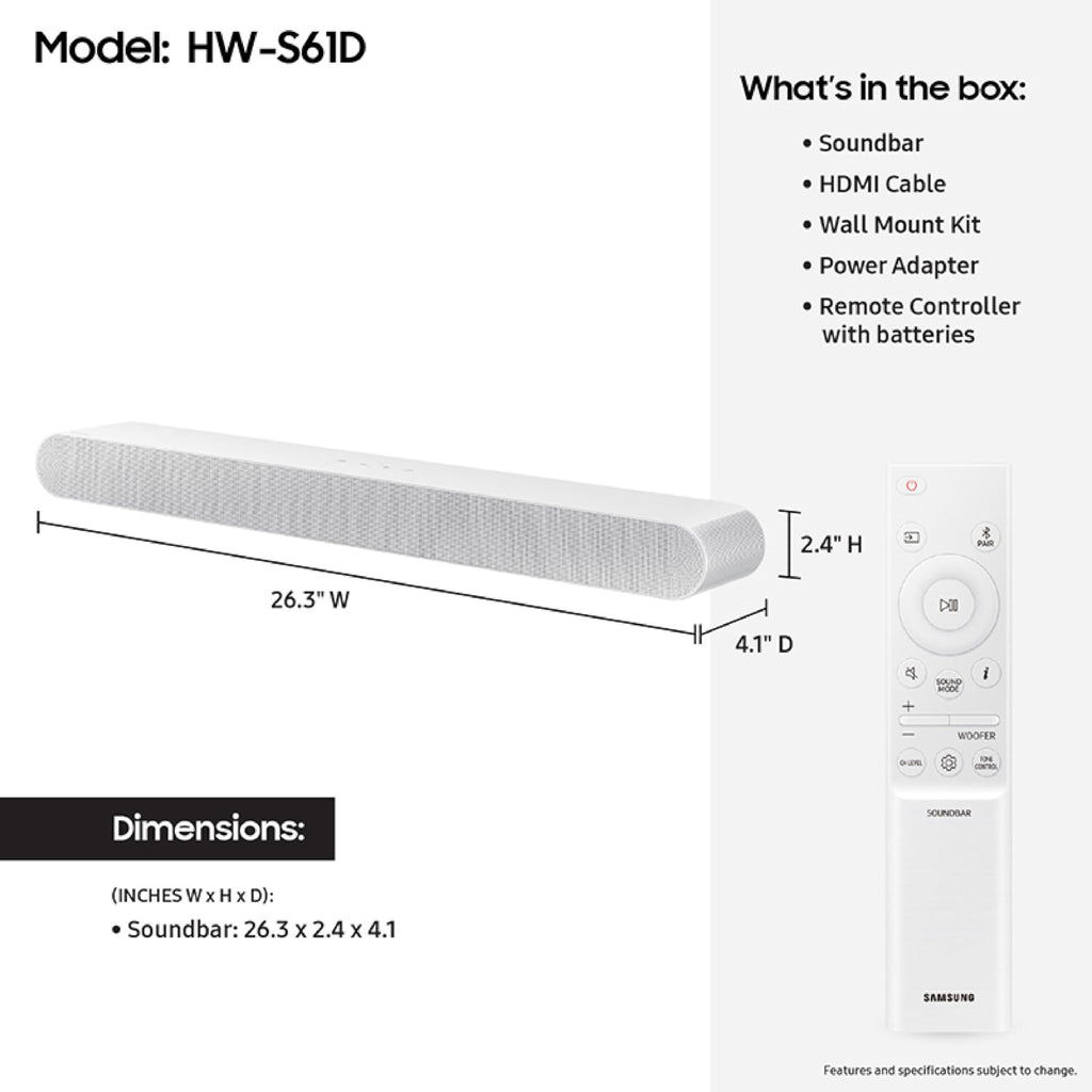 SAMSUNG S60D 5.0ch Soundbar w/Wireless Dolby Atmos Audio, All-in-One Design, Q-Symphony, SpaceFit Sound Pro, Adaptive Sound, Game Mode Pro with Alexa