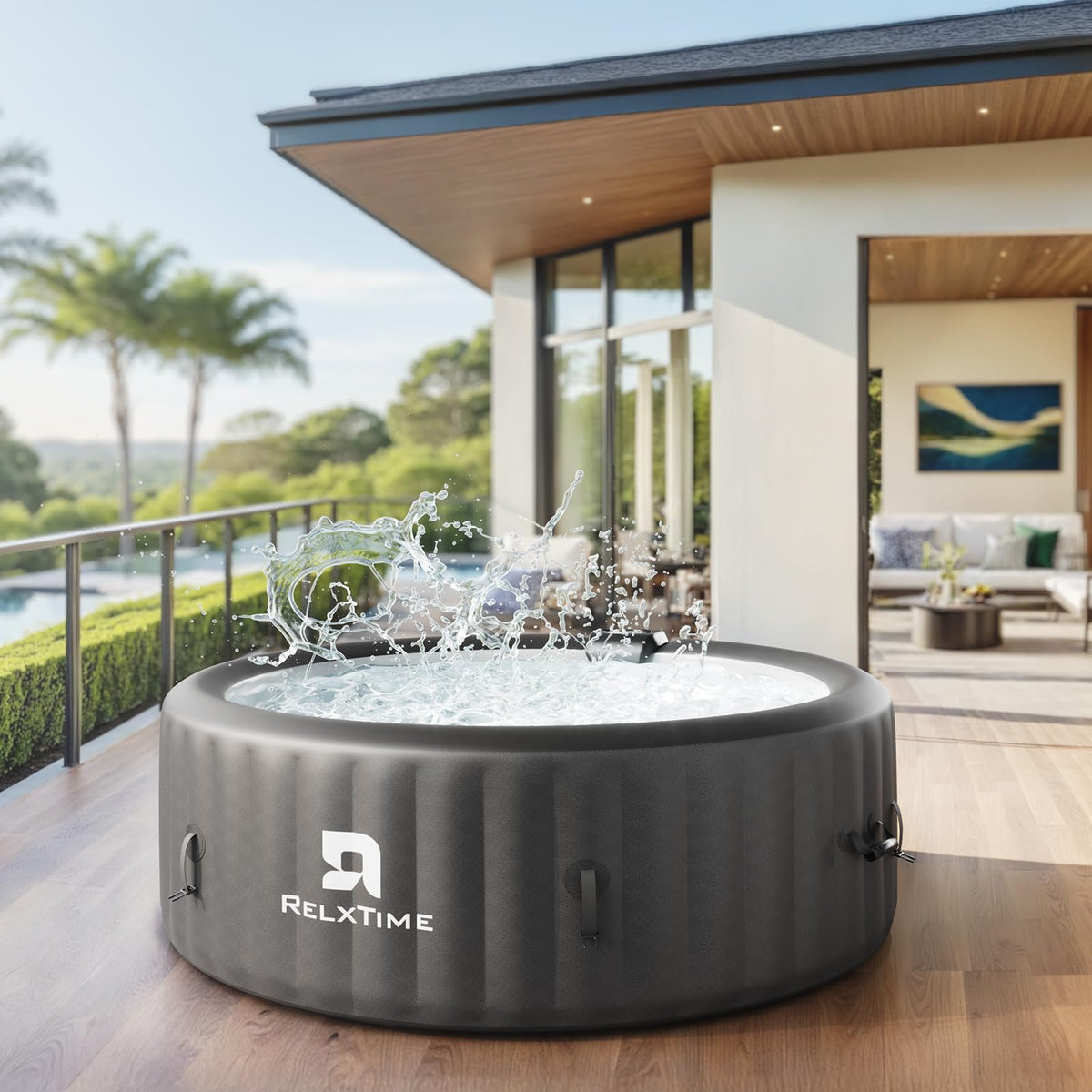 Inflatable Hot Tub Spa 2-4 Person 110 Air Jets, Portable Blow Up Hottub with Cover, Built in Heater Pump, Round Outdoor Spa, Cup Holder, 2 Filters