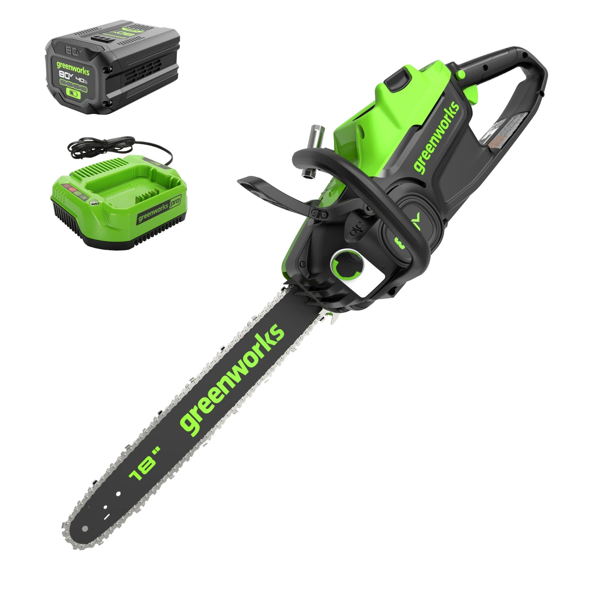 Greenworks 80V 18" Brushless Cordless Chainsaw (Great For Tree Felling, Limbing, Pruning, and Firewood) / 75+ Compatible Tools), 2.0Ah Battery and