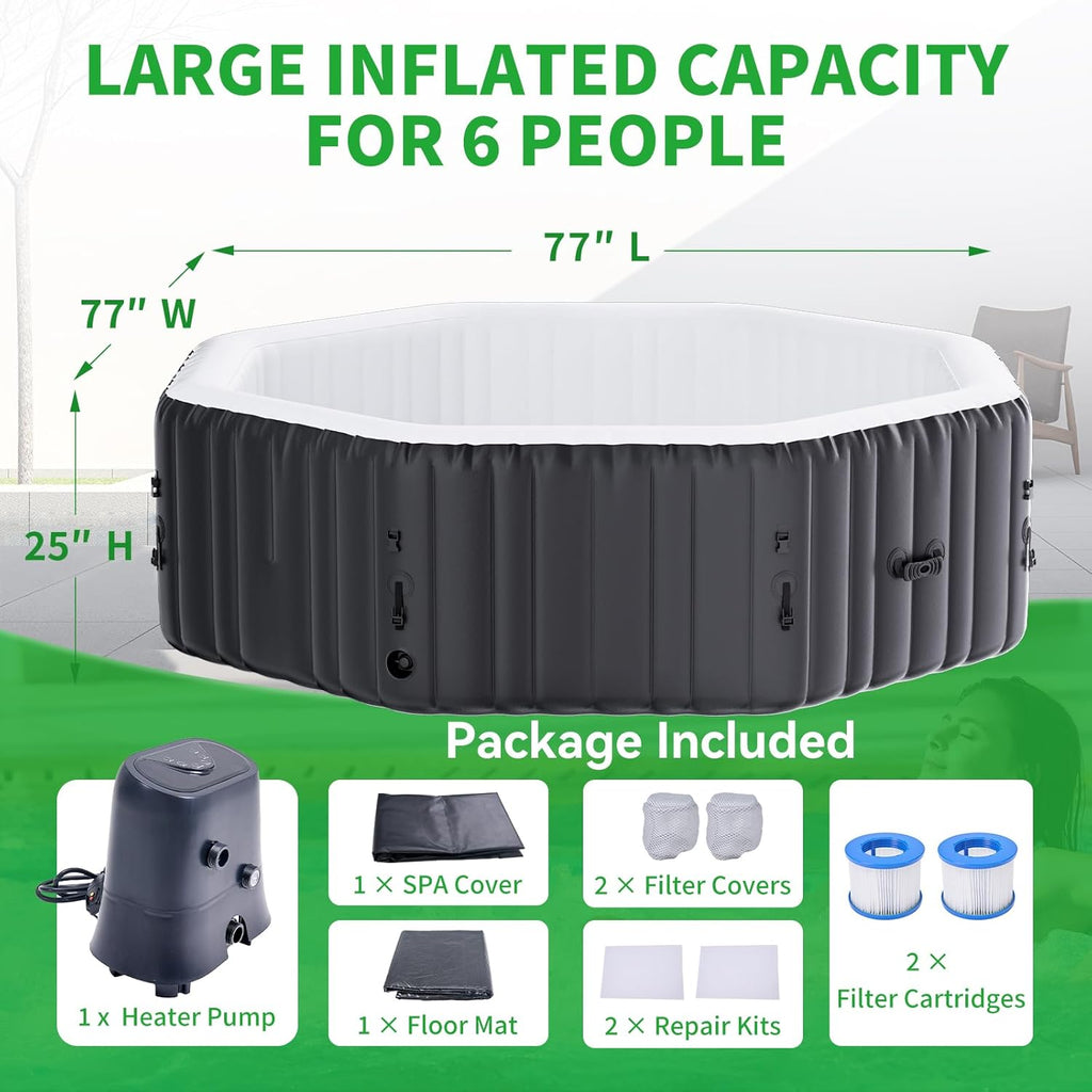Inflatable Hot Tub, 4-6 Person Polygon Portable Blow Up Hot Tub, Leak-Proof PVC Outdoor Spa with 130 Strong Air Jets, Heater Pump and Insulated Cover