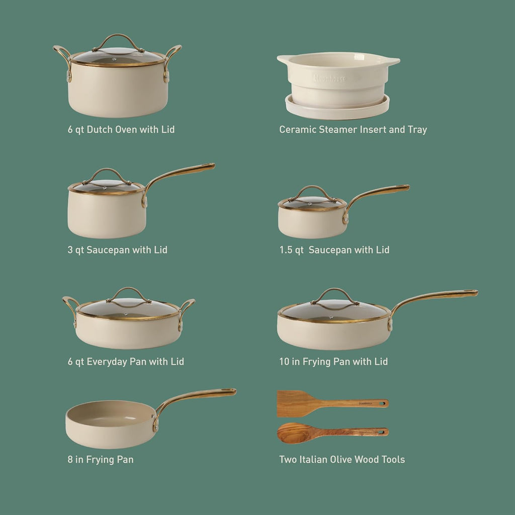 bloomhouse - Two Time Oprah's Favorite Things Winner - 15 Piece Pots and Pans Heavy Duty Aluminum Premium PFA Free Ceramic Nonstick Cookware Set