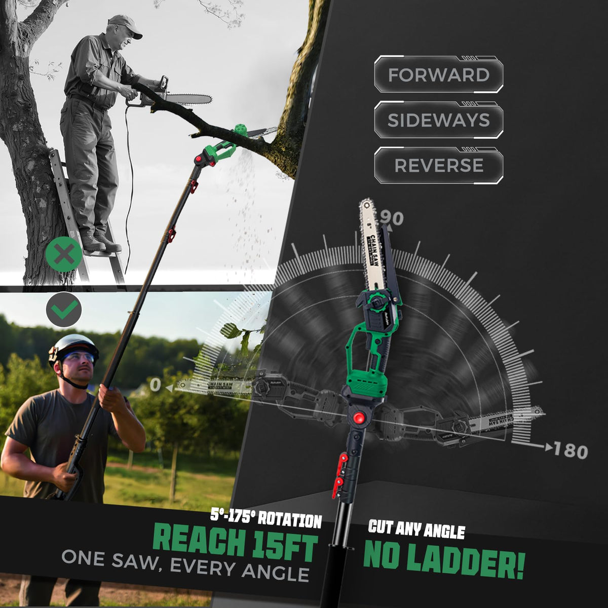 2-in-1 Cordless Pole Saw & 8'' Mini Chainsaw,Forest Ranger Approved Electric Handheld Chain Saw with 2 21V 4.0Ah Rechargeable Batterie&Charger, Auto