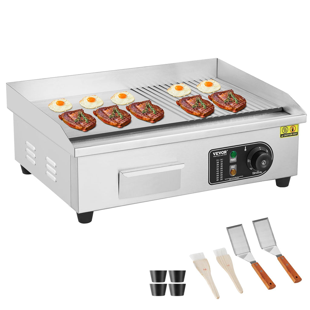 VEVOR Upgraded Commercial Electric Griddle, 2800W Stainless Steel Countertop Flat Top Grill, 26'' Griddle Grill with 2 Shovels and 2 Brushes, 122H