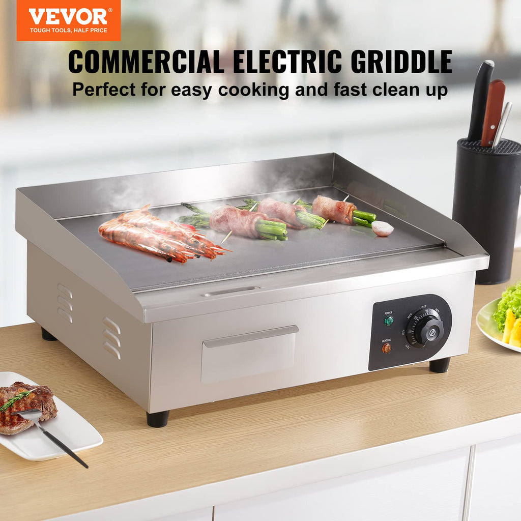 VEVOR Upgraded Commercial Electric Griddle, 2800W Stainless Steel Countertop Flat Top Grill, 26'' Griddle Grill with 2 Shovels and 2 Brushes, 122H