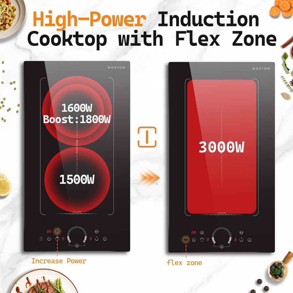 Noxton 24 Inch Induction Cooktop, 4 Burners Electric Cooktop, Upgraded Induction Stovetop with Flex Zone, Power Boost, Pause, 9 Power Levels, Child