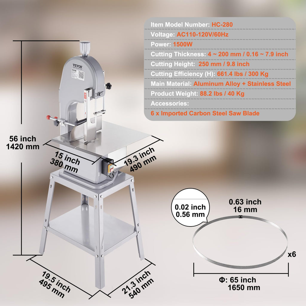 Commercial Electric Meat Bandsaw, 1500W Stainless Steel Countertop Bone Sawing Machine, Workbeach 19.3" x 15", 0.16-7.9 Inch Cutting Thickness