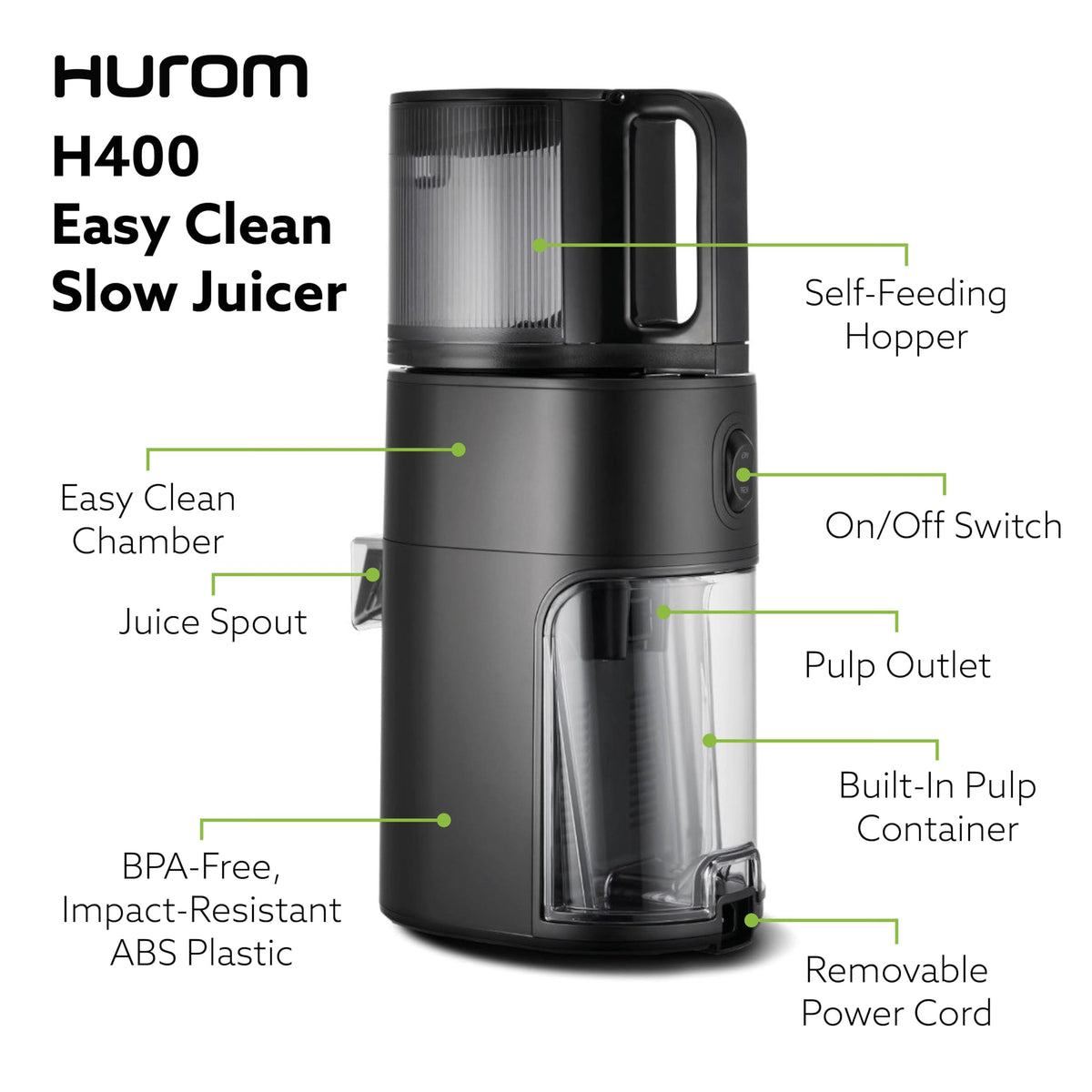 Hurom H400 Cold Press Juicer Machine, Award Winning Masticating Slow Juicer, Easy to Clean, Strainer & Hands Free with Self Feeding, Wide Mouth