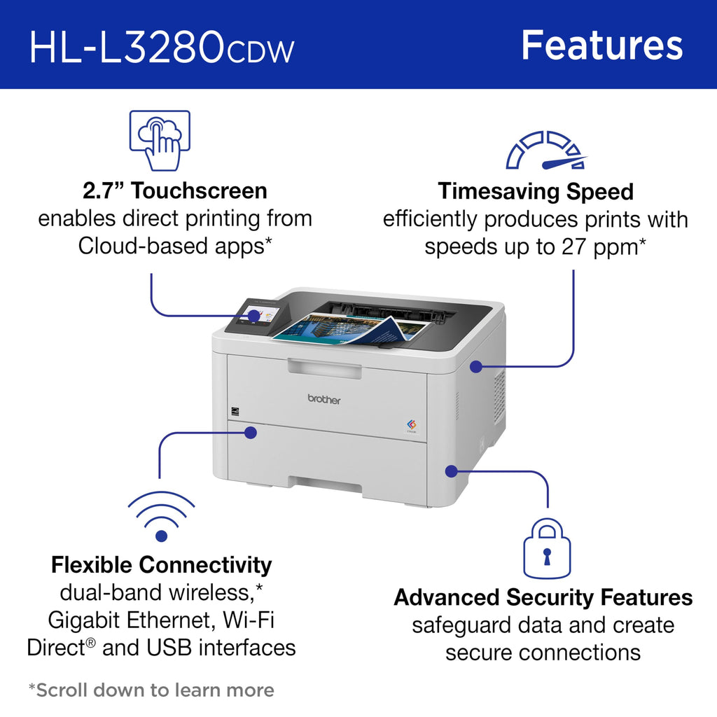 Brother HL-L3280CDW Wireless Compact Digital Color Printer with Laser Quality Output, Duplex, Mobile Printing & Ethernet | Includes 2 Month Refresh