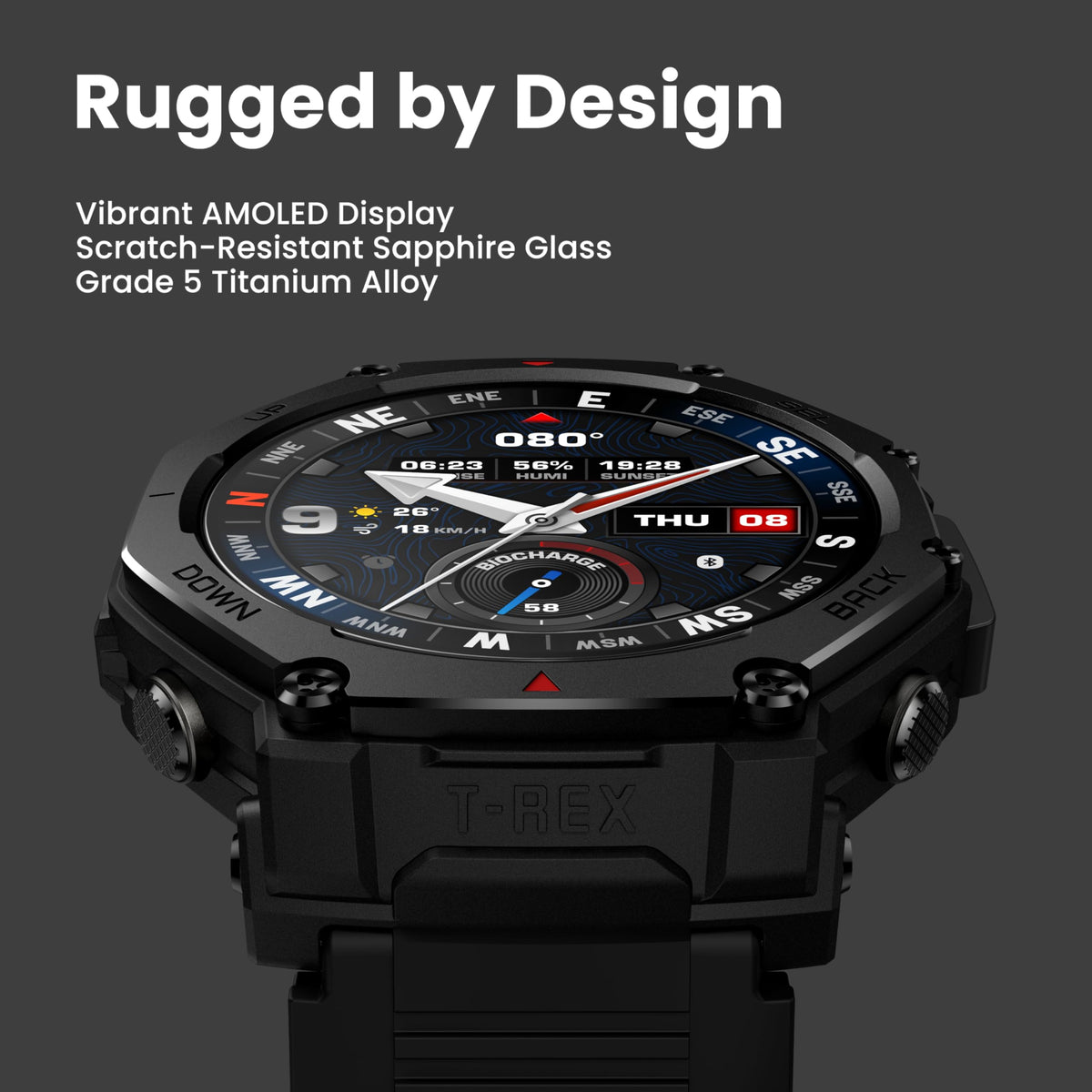 Amazfit T-Rex 3 Pro Outdoor Smart Watch 48mm Sapphire AMOLED Display, Ti Bezel, Dual Band GPS, Offline Maps, 25 Days Battery, Built-in Flashlight, 10