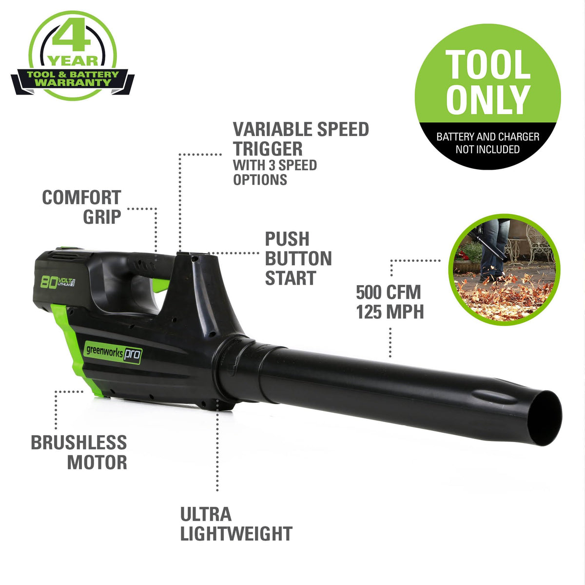 Greenworks 80V (750 CFM) Backpack Blower, 4.0Ah Battery and 4A Charger