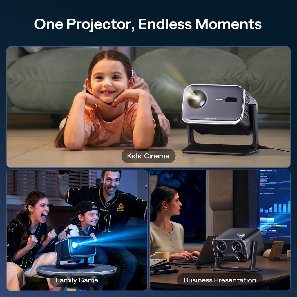 Aurzen BOOM mini Google TV Movie Projector with WiFi and Bluetooth, Voice Control, Family Mode, 20W Dolby Audio, Real-Time Focus, 4K Supported Smart