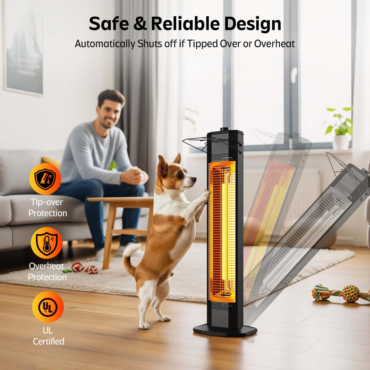 Outdoor Electric Patio Heater, 42-inch 1500W Infrared Tower Heater with 9 Heat Settings & 9H Timer, IPX5 Waterproof, Safety Lock, Tip-Over & Overheat