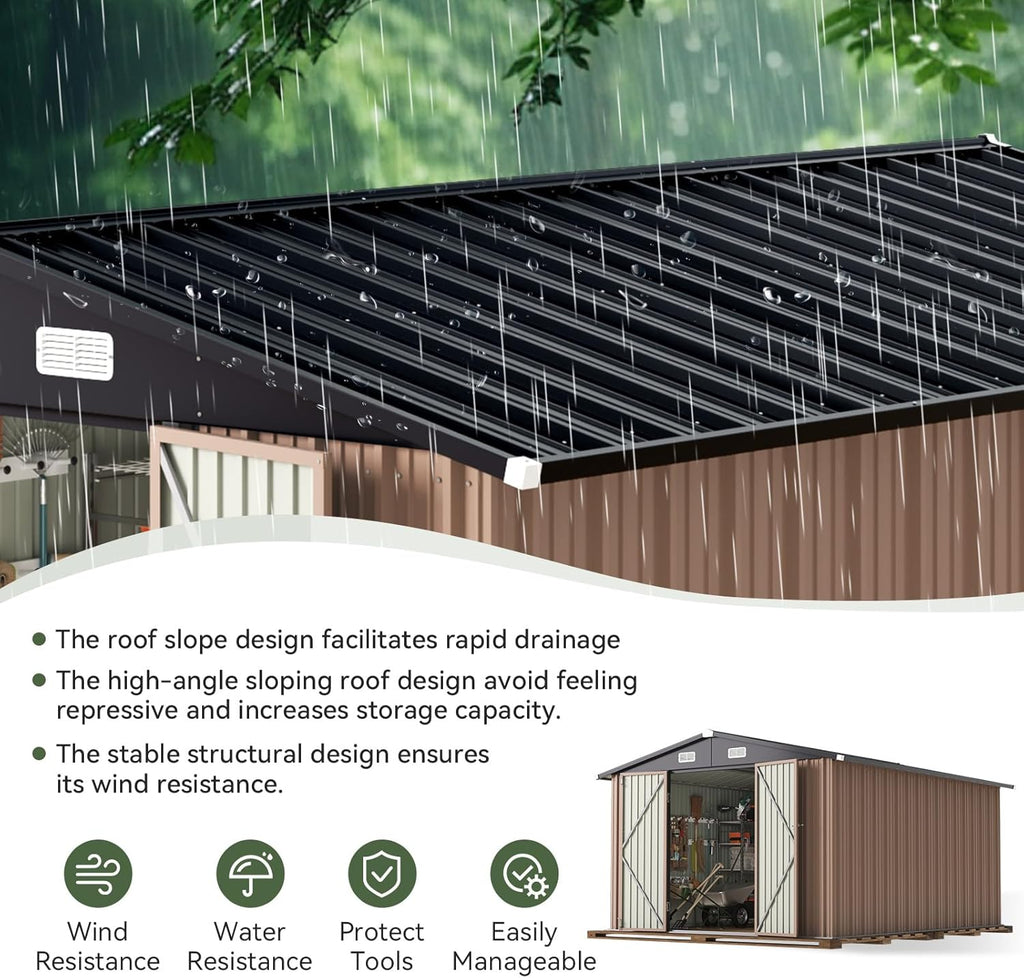 Aoxun 10 x 12FT Outdoor Storage Shed with Double Hinged Large Door Utility Garden Shed with Lockable Door & Sloped Roof Metal Sheds Outdoor Storage