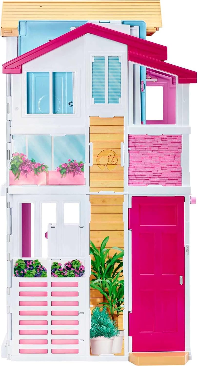 Barbie 3-Story Townhouse Dollhouse with Elevator, Swing Chair, Furniture and Accessories, Fold for Portability and Travel (Amazon Exclusive)