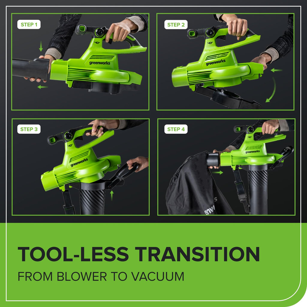 Greenworks 40V (230 MPH / 505 CFM) Cordless Brushless Leaf Blower/Vacuum with Bag, High Power, Lightweight & Quiet for Yard Debris Cleanup, Includes