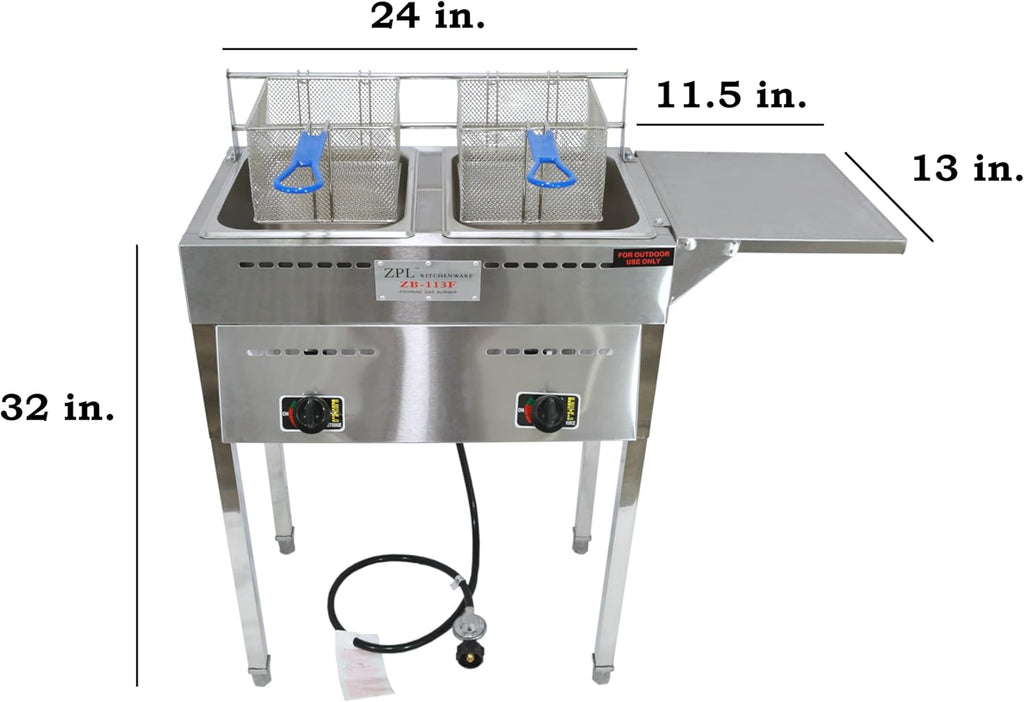 Deep Fryer C Propane Deep Fryer for Outdoor- 18 Qt Stainless Steel Commercial Quality Double Fryer with Baskets, Lids & Hose - Ideal for Frying Fish