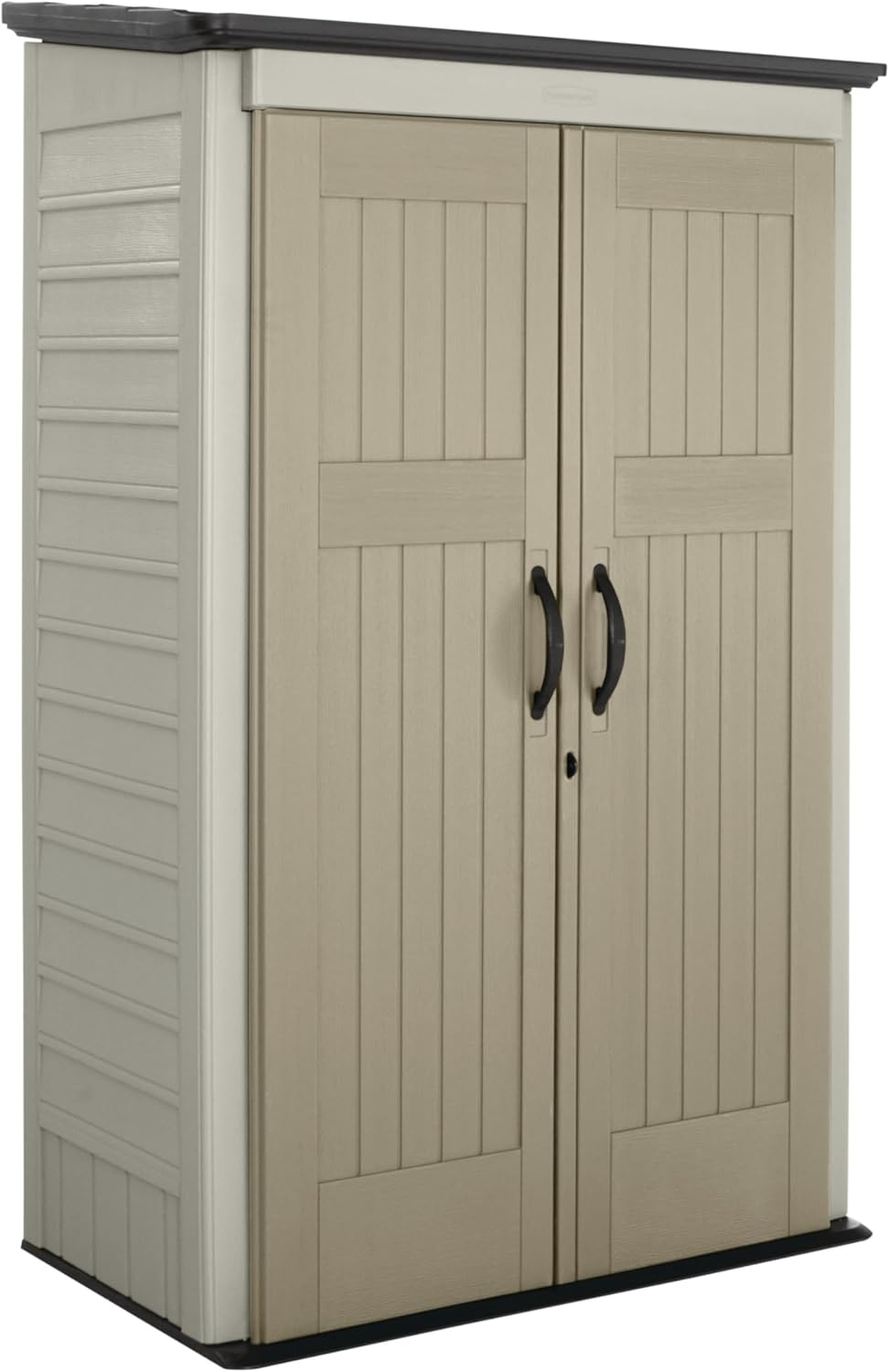 Rubbermaid Vertical Resin Outdoor Storage Shed With Floor (4 x 2.5 Ft) Weather Resistant Beige/Brown Organization for Home/Backyard/Pool Chemicals