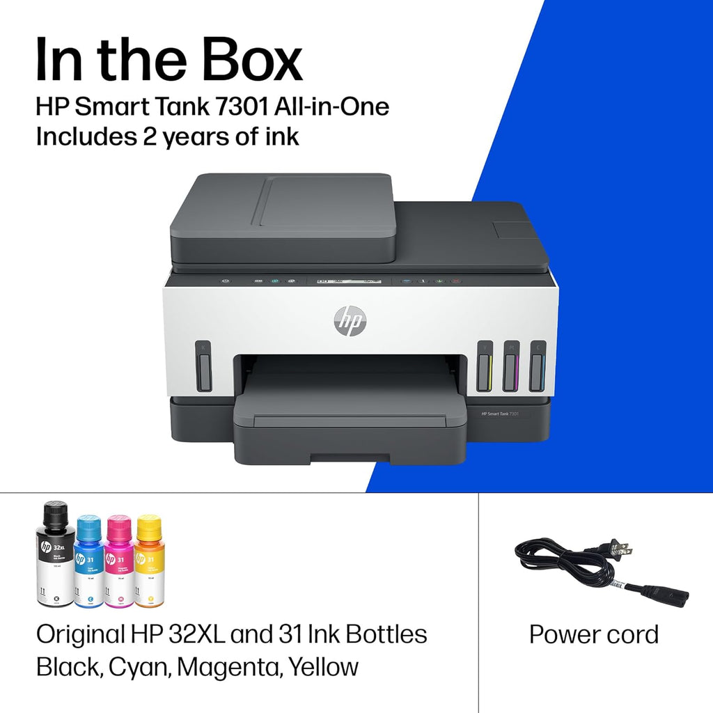 HP Smart Tank 7301 Wireless All-in-One Ink Tank Printer, Scanner, Copier with 2 Years of Ink Included, Best-for-Home Office, Cartridge-Free