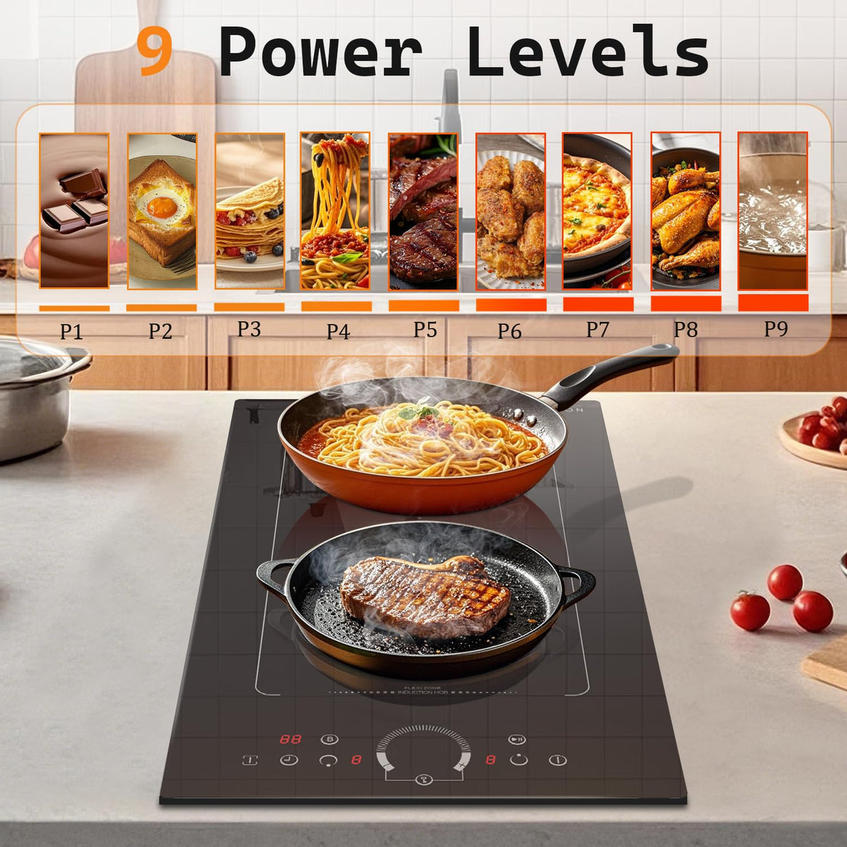 Noxton 24 Inch Induction Cooktop, 4 Burners Electric Cooktop, Upgraded Induction Stovetop with Flex Zone, Power Boost, Pause, 9 Power Levels, Child