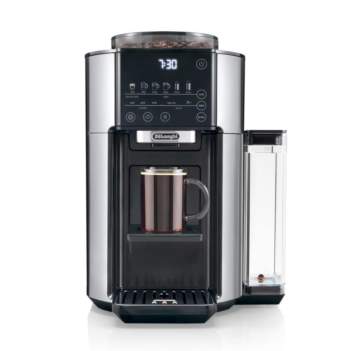 De'Longhi True Brew Drip Coffee Maker, Built in Grinder, Single Serve, 8 oz to 24 oz, Hot or Iced Coffee, Stainless, CAM51025MB