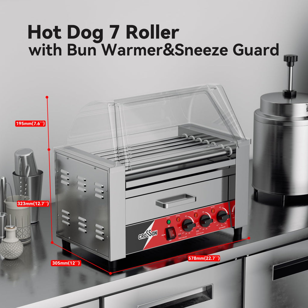 CROSSON 12 Hot Dog 5 Roller Grill Machine with Transparent Sneeze Guard,5 Nonstick 304SS Rollers Commercial Hot Dog Cooker Machine-120V, 750W
