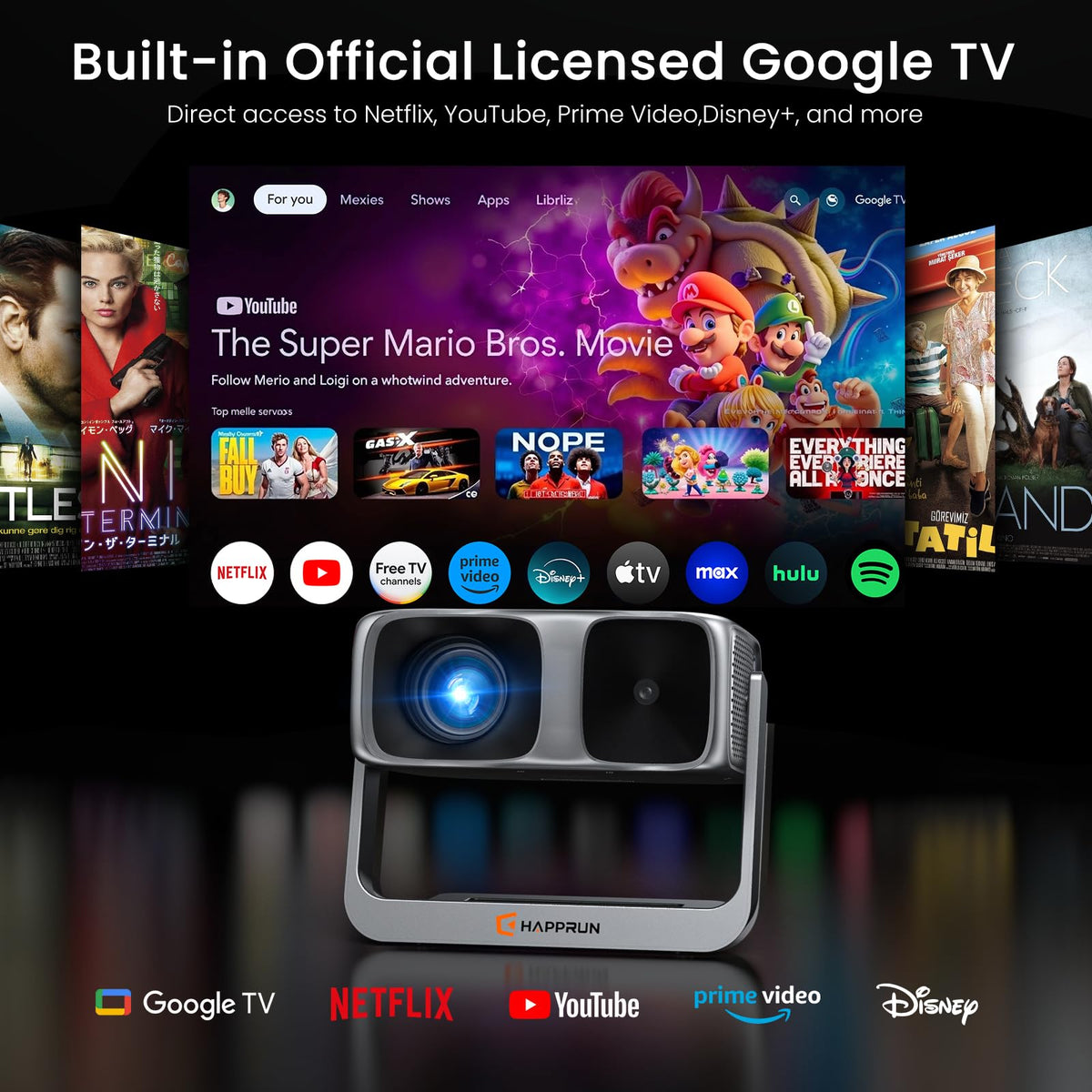 2000 ANSI Official Licensed Google TV Outdoor Projector 4K Full HD, Smart Projector with Wifi and Bluetooth, Auto Focus, Dolby Sound, Built-in Apps