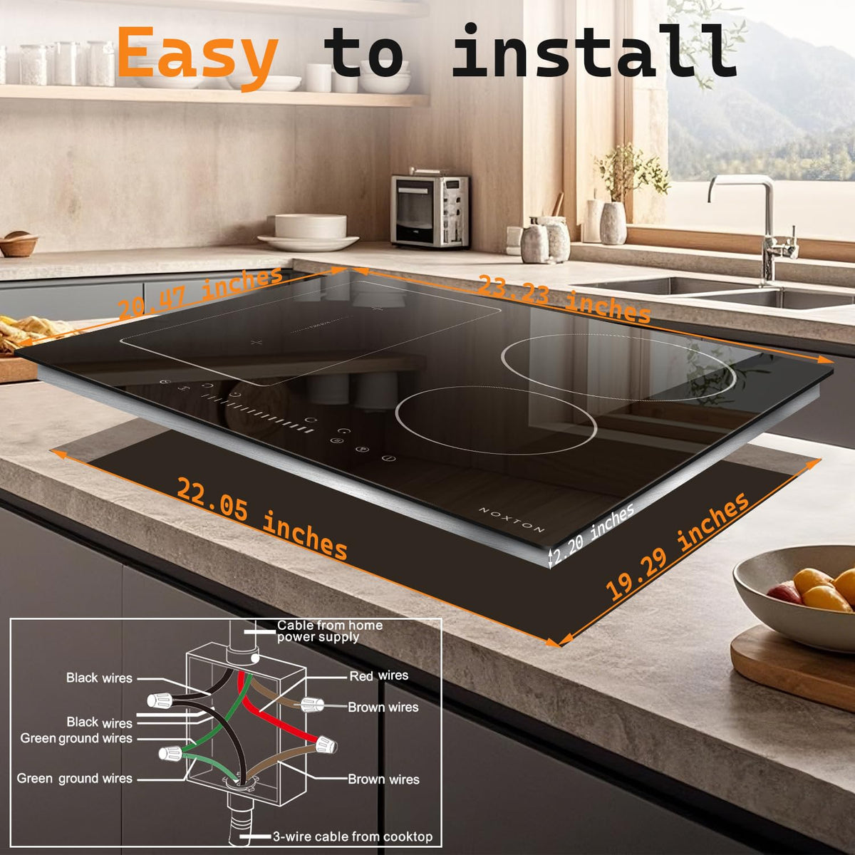 Noxton 24 Inch Induction Cooktop, 4 Burners Electric Cooktop, Upgraded Induction Stovetop with Flex Zone, Power Boost, Pause, 9 Power Levels, Child